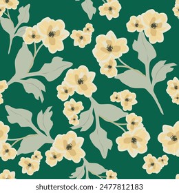 Abstract hand drawn floral seamless pattern, vector flowers background. Fantasy multicolored flowers on a green backdrop. For the design of the fabric, wallpaper, prints. Illustration in style of boho