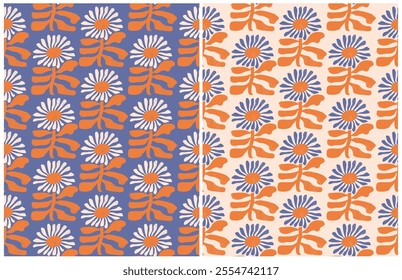 Abstract Hand Drawn Floral Seamless Vector Pattern. Childish Pattern With Daisy Flowers on a Navy Blue And Beige Background. Modern Abstract Blooming Garden Print. Groovy Floral Repeatable Print. 