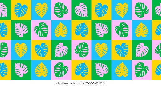 Abstract Hand Drawn Floral Seamless Vector Pattern. Geometric Pattern With Palm Leaves on a Green, Blue, Pink And Yellow Background Made Of Squares. Tropical Pattern with Abstract Monstera Leaves.