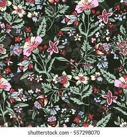 Patrón sin costuras, plano a mano, sin costuras, fondo de flores vectoriales. Flores multicolores de fantasía sobre un fondo verde. Para el diseño de la tela, papel pintado, impresiones. Ilustración en estilo boho
