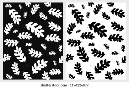 Abstract Hand Drawn Floral Vector Pattern. Sketched Infantile Style Branches on a Black and White Background.Simple Grunge Floral Design. Black and White Falling Tree Leaves. Cute Childish Style Art.
