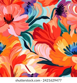 Abstract hand drawn flower art seamless pattern illustration. Acrylic paint nature floral background in vintage art style. Spring season painting brush strokes of paint for beauty products or other.