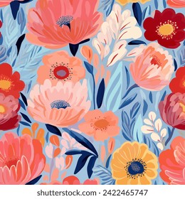 Abstract hand drawn flower art seamless pattern illustration. Acrylic paint nature floral background in vintage art style. Spring season painting brush strokes of paint for beauty products or other.