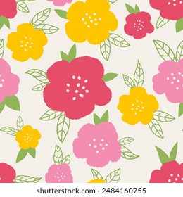 Abstract hand drawn flower art seamless pattern. Organic nature floral background in vintage style. Great for textile, fabric, wallpaper, wrapping, scrapbook and packaging