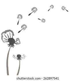 Abstract hand drawn flower background with place for your text. Watercolor dandelions in black and white. Monochrome vector illustration.