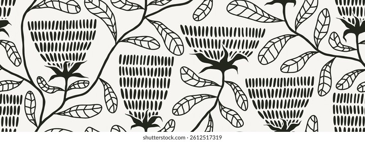 Abstract hand drawn flower and leaf seamless pattern with dotted style, floral pattern, flower pattern.