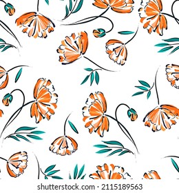 Resumen de flores y hojas dibujadas a mano. Diseño floral sin costura. Dibujo esquemático con contornos negros y trazos naranjas. estilo moderno. Ilustración vectorial aislada en fondo blanco.