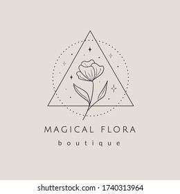 Abstract Hand Drawn Flower Logo With Stars In Geometric Triangle And Round Dotted Frames. Icon, Vector Illustration In Trendy Line Linear Art Style. Branding
