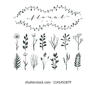 Abstract hand drawn flowers. Boho botanical sketch simple line branches for invitations, greeting cards, quotes, blogs, wedding frames, posters. Vector illustration