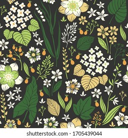 Abstrakte handgezeichnete Blumen und Kräuter, Vintage Blumen Vektorillustration nahtlose Muster, Vorlage für Textilien, Tapeten, Drucke.