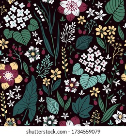 Abstract hand drawn flowers and herbs, vintage floral vector seamless pattern, template for textile, wallpaper, prints, wrapping paper.
