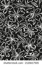 Abstract, hand drawn flowers with leaves botanical seamless repeat pattern. Black and white, vector stylised outline floral all over surface print.