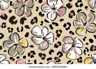 Abstract hand drawn flowers and leopard skin texture seamless pattern background