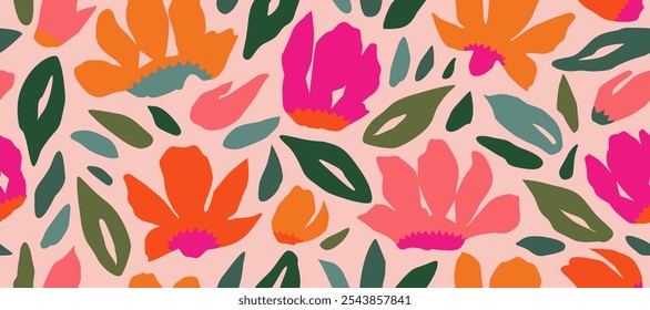 Abstrato mão desenhado flores, padrões sem costura com floral para tecido, têxteis, roupas, cartaz, tampa, banner, arte de parede, decoração de casa, fundo. Ilustração vetorial.