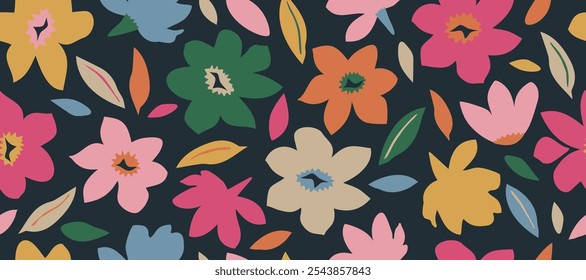 Abstractas flores dibujadas a mano, patrones sin fisuras con flores para la tela, textiles, ropa, cartel, cubierta, Anuncio, arte de la pared, decoración del hogar, fondo. Ilustración vectorial.