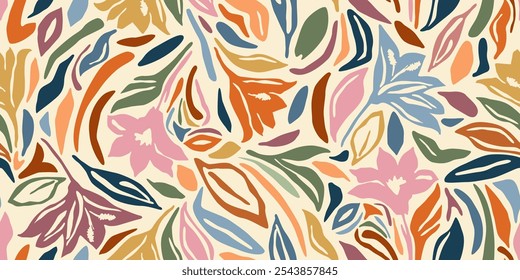 Abstract hand drawn flowers, seamless patterns with floral for fabric, textiles, clothing, poster, cover, banner, wall art, home decor, background. Vector illustration.