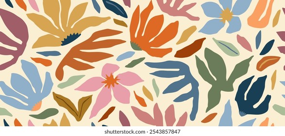 Abstractas flores dibujadas a mano, patrones sin fisuras con flores para la tela, textiles, ropa, cartel, cubierta, Anuncio, arte de la pared, decoración del hogar, fondo. Ilustración vectorial.