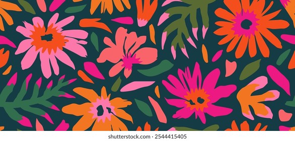 Abstractas flores dibujadas a mano, patrones sin fisuras con flores para la tela, textiles, ropa, cartel, cubierta, Anuncio, arte de la pared, decoración del hogar, fondo. Ilustración vectorial.