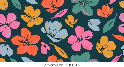 Abstract hand drawn flowers, seamless patterns with floral for fabric, textiles, clothing, poster, cover, banner, wall art, home decor, background. Vector illustration.