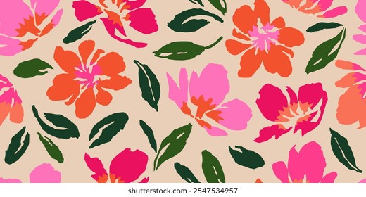 Abstract hand drawn flowers, seamless patterns with floral for fabric, textiles, clothing, poster, cover, banner, wall art, home decor, background. Vector illustration.