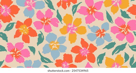 Abstract hand drawn flowers, seamless patterns with floral for fabric, textiles, clothing, poster, cover, banner, wall art, home decor, background. Vector illustration.