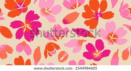 Abstract hand drawn flowers, seamless patterns with floral for fabric, textiles, clothing, poster, cover, banner, wall art, home decor, background. Vector illustration.