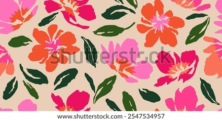 Abstract hand drawn flowers, seamless patterns with floral for fabric, textiles, clothing, poster, cover, banner, wall art, home decor, background. Vector illustration.