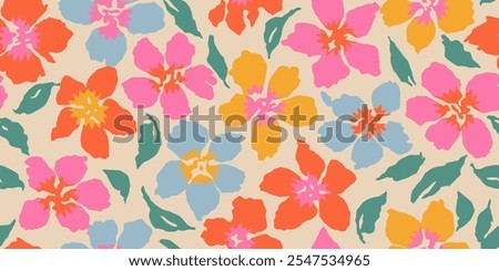 Abstract hand drawn flowers, seamless patterns with floral for fabric, textiles, clothing, poster, cover, banner, wall art, home decor, background. Vector illustration.