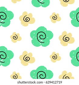 Abstract hand drawn flowers shapes in seamless vector pattern in green and yellow colors