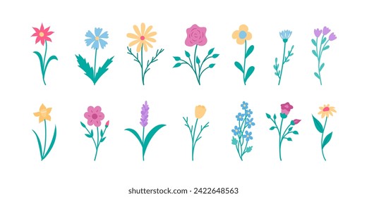 Abstract hand drawn flowers. Spring floral design elements set.