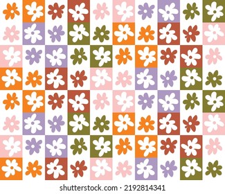 Abstract Hand Drawn Flowers Squares Retro Minimal Pattern Geometric Natural Look Trendy Fashion Colors Perfect for Allover Fabric Print Orange Lilac Pastel Pink Tones