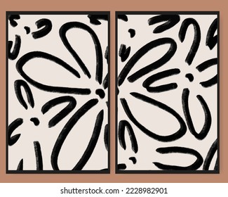 Resumen dibujado a mano Flores ondea afiche contemporáneo. Arte artístico moderno de moda para banner, portada, papel pintado, folleto, postal, fondo. Ilustración del vector 
