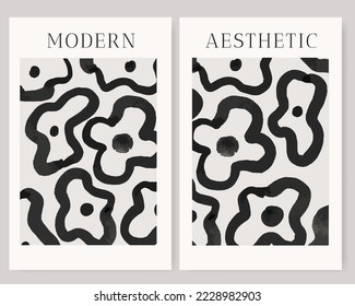 Resumen dibujado a mano Flores ondea afiche contemporáneo. Arte artístico moderno de moda para banner, portada, papel pintado, folleto, postal, fondo. Ilustración del vector 