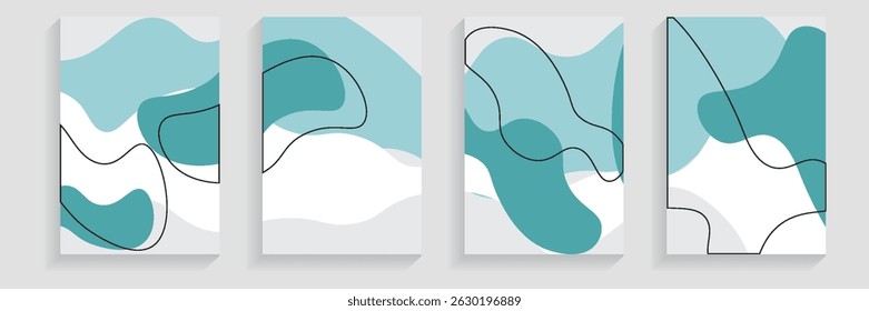 Abstract hand drawn fluid shapes cover set. Collection vertical backgrounds with different wavy shapes. Template in flat style. Vector illustration. Design poster, cover, wallpaper, notebook, catalog.