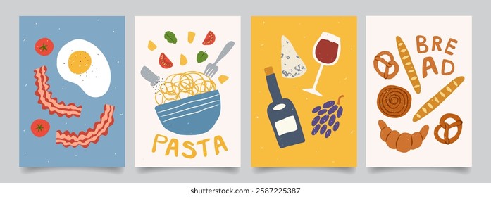 Abstract hand drawn food posters. Trendy art prints with pasta, fried eggs, bacon, tomato, bread, wine and cheese. Italian food. Healthy breakfast. Minimalist design for wall decor, restaurant menu.