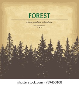 Abstract hand drawn forest background. Editable mask. Old craft paper texture. Template for your design works. Vector illustration.