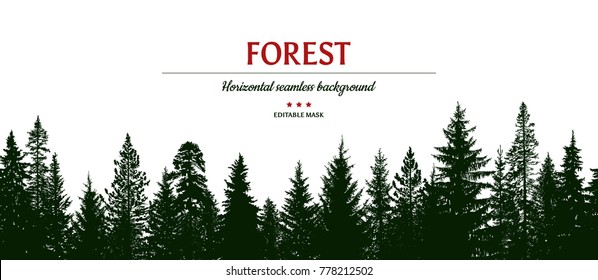 Abstract hand drawn forest background. Horizontal seamless pattern. Editable mask. 17 tree silhouettes. Template for your design works. Vector illustration.