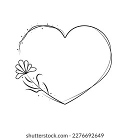 Abstract Hand Drawn Frame Heart With Plants Doodle 14 February Holiday Concept Vector Design Outline Style On White Background Isolated Letter, Message, Mail, Cards, Posters