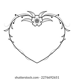 Abstract Hand Drawn Frame Heart With Plants Doodle 14 February Holiday Concept Vector Design Outline Style On White Background Isolated Letter, Message, Mail, Cards, Posters