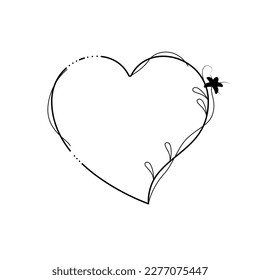 Abstract Hand Drawn Frame Heart With Plants Doodle 14 February Holiday Concept Vector Design Outline Style On White Background Isolated Letter, Message, Mail, Cards, Posters