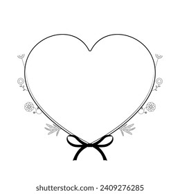 Abstract Hand Drawn Frame Heart With Plants Doodle 14 February Holiday Concept Vector Design Outline Style On White Background Isolated Letter, Message, Mail, Cards, Posters