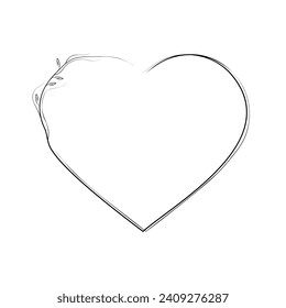 Abstract Hand Drawn Frame Heart With Plants Doodle 14 February Holiday Concept Vector Design Outline Style On White Background Isolated Letter, Message, Mail, Cards, Posters