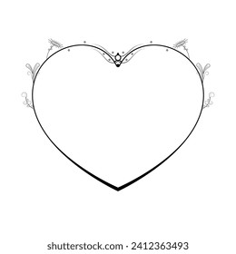 Abstract Hand Drawn Frame Heart With Plants Doodle 14 February Holiday Concept Vector Design Outline Style On White Background Isolated Letter, Message, Mail, Cards, Posters