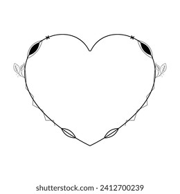 Abstract Hand Drawn Frame Heart With Plants Doodle 14 February Holiday Concept Vector Design Outline Style On White Background Isolated Letter, Message, Mail, Cards, Posters