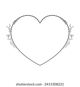 Abstract Hand Drawn Frame Heart With Plants Doodle 14 February Holiday Concept Vector Design Outline Style On White Background Isolated Letter, Message, Mail, Cards, Posters
