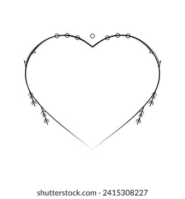 Abstract Hand Drawn Frame Heart With Plants Doodle 14 February Holiday Concept Vector Design Outline Style On White Background Isolated Letter, Message, Mail, Cards, Posters