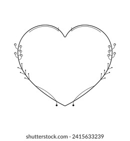 Resumen Corazón De Marco Dibujado A Mano Con Plantas Doodle 14 Febrero Concepto De Festividad Diseño Estilo De Esquema Sobre El Fondo Blanco Carta Aislada, Mensaje, Correo, Tarjetas, Carteles