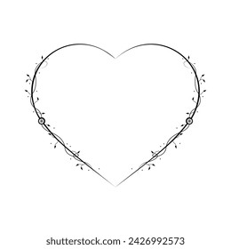 Abstract Hand Drawn Frame Heart With Plants Doodle 14 February Holiday Concept Vector Design Outline Style On White Background Isolated Letter, Message, Mail, Cards, Posters