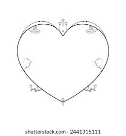Abstract Hand Drawn Frame Heart With Plants Doodle 14 February Holiday Concept Vector Design Outline Style On White Background Isolated Letter, Message, Mail, Cards, Posters