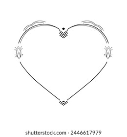 Abstract Hand Drawn Frame Heart With Plants Doodle 14 February Holiday Concept Vector Design Outline Style On White Background Isolated Letter, Message, Mail, Cards, Posters